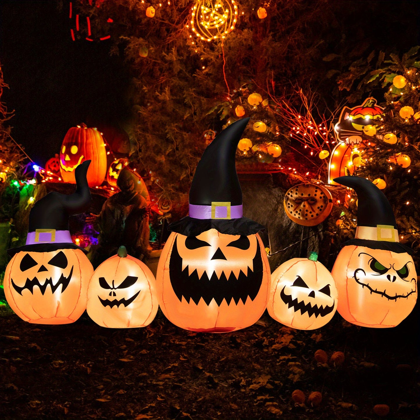 COSTWAY 8 FT Long Halloween Inflatable Pumpkin Patch Family, 5 PCS Halloween Blow up Pumpkins with Built-in LED Lights & Blower, Outdoor Inflatable Pumpkin Decoration for Lawn, Yard, Garden