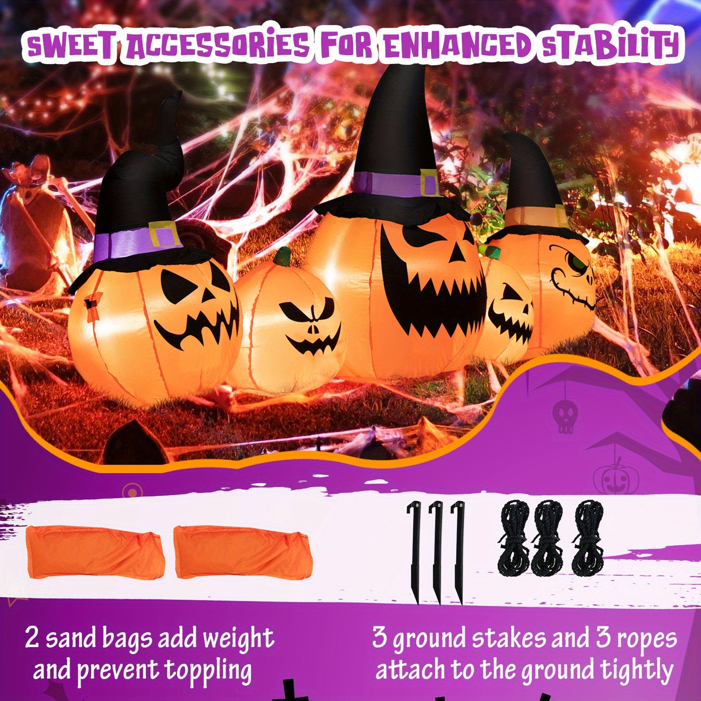 COSTWAY 8 FT Long Halloween Inflatable Pumpkin Patch Family, 5 PCS Halloween Blow up Pumpkins with Built-in LED Lights & Blower, Outdoor Inflatable Pumpkin Decoration for Lawn, Yard, Garden