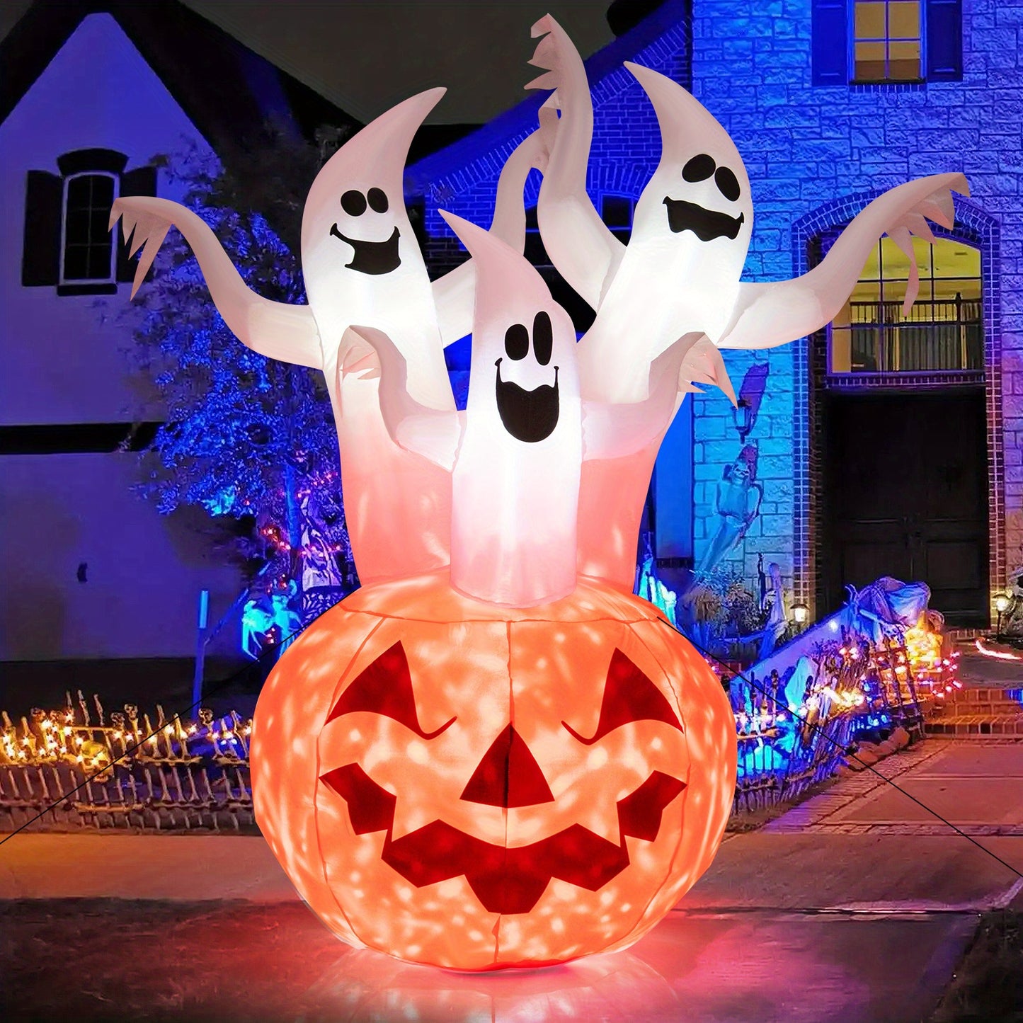 COSTWAY 6FT Halloween Blow Up Yard Decoration w/ Built-in LED & Blower, Pumpkin and Ghost Combo, Blow Up Yard Decoration, Indoor Outdoor Inflates Holiday Decor with Ropes, Stakes for Garden Lawn Home Party