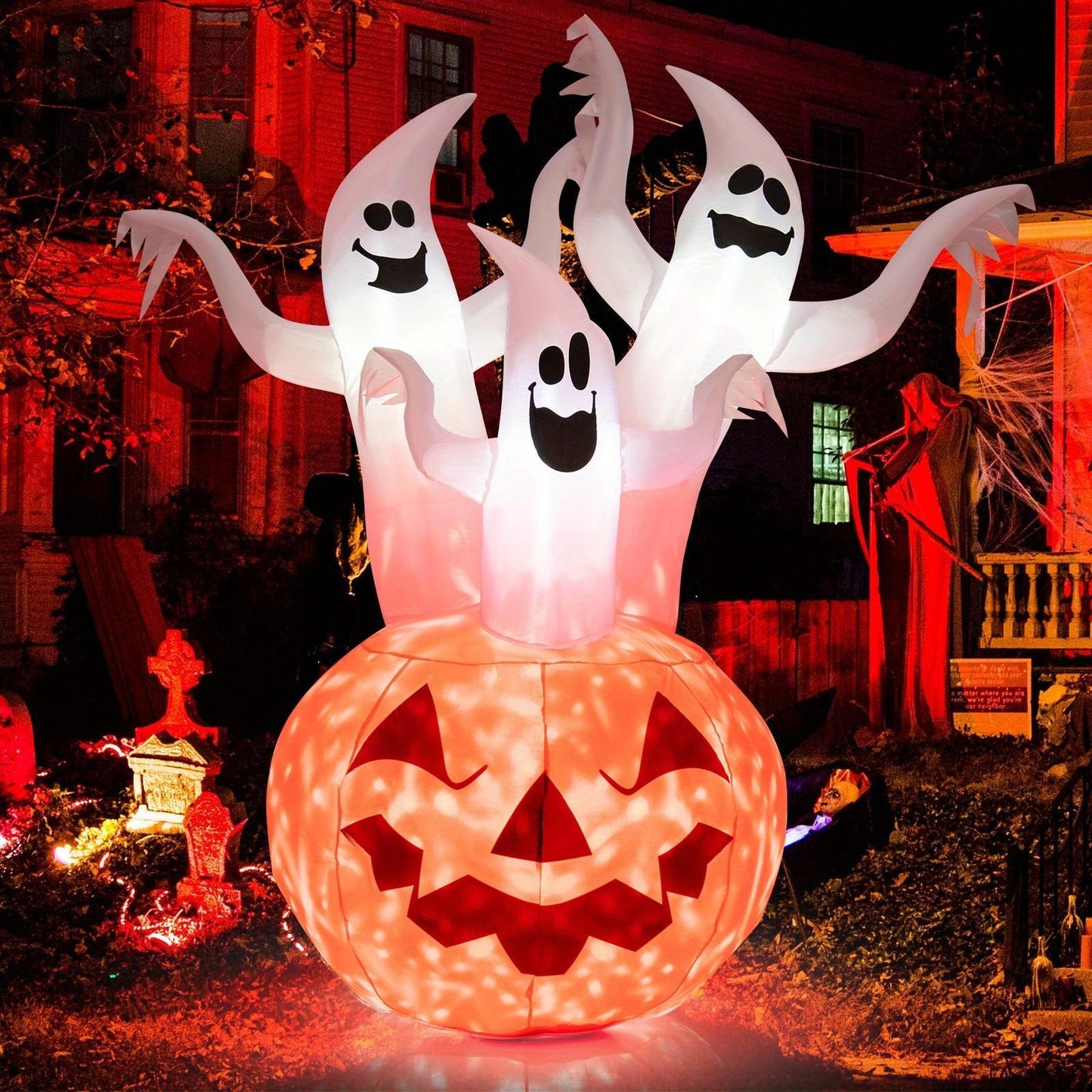 COSTWAY 6FT Halloween Blow Up Yard Decoration w/ Built-in LED & Blower, Pumpkin and Ghost Combo, Blow Up Yard Decoration, Indoor Outdoor Inflates Holiday Decor with Ropes, Stakes for Garden Lawn Home Party