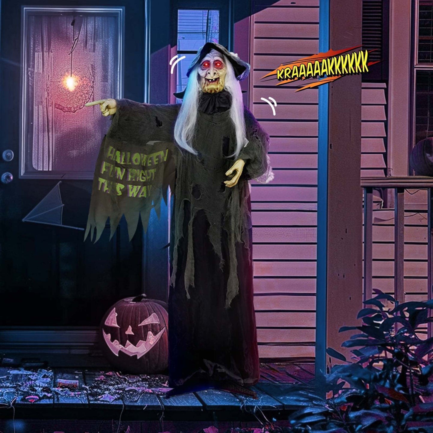 Animatronic Halloween Witch Standing Outdoor Halloween Decoration w/ Red Eyes, Scary Sounds 6FT