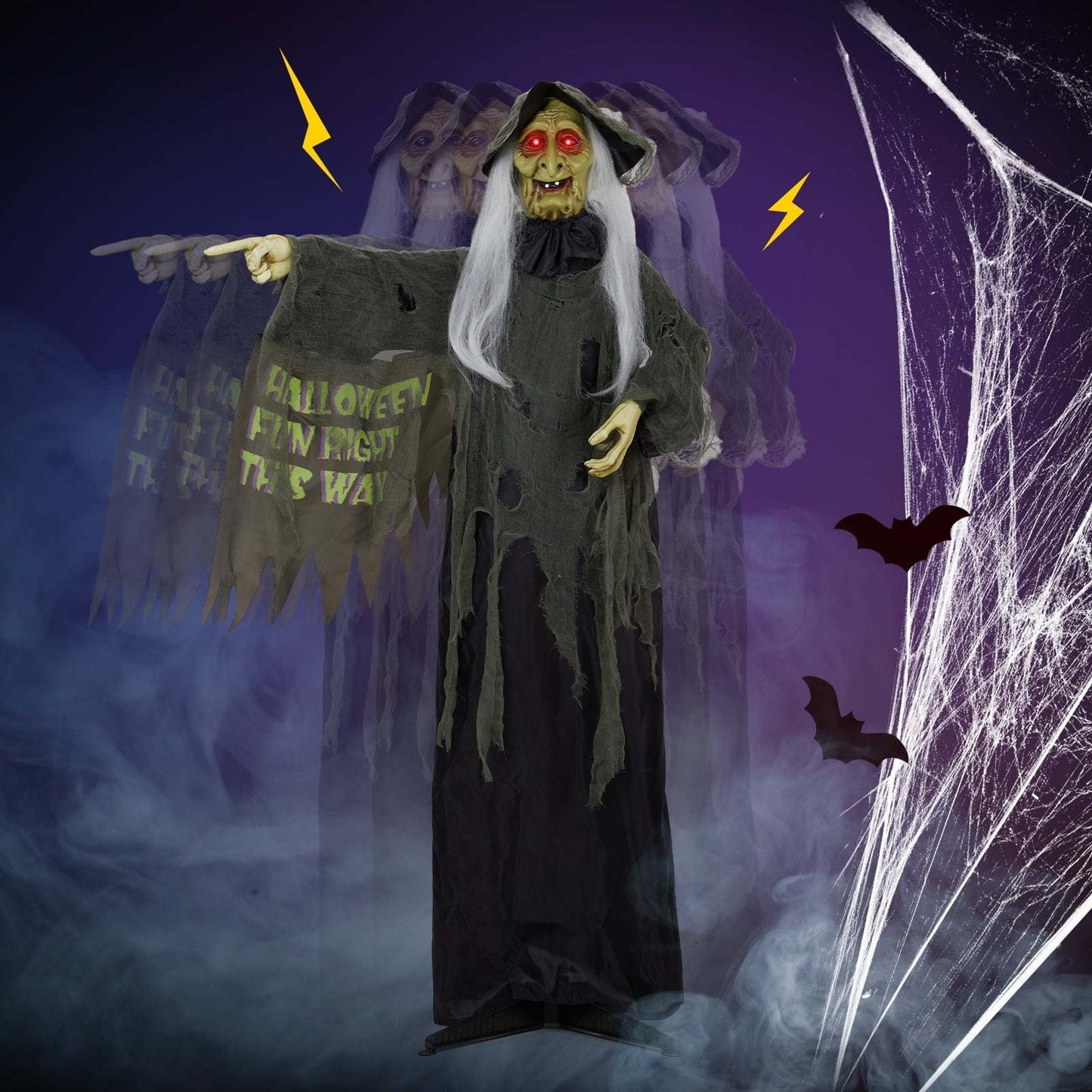 Animatronic Halloween Witch Standing Outdoor Halloween Decoration w/ Red Eyes, Scary Sounds 6FT