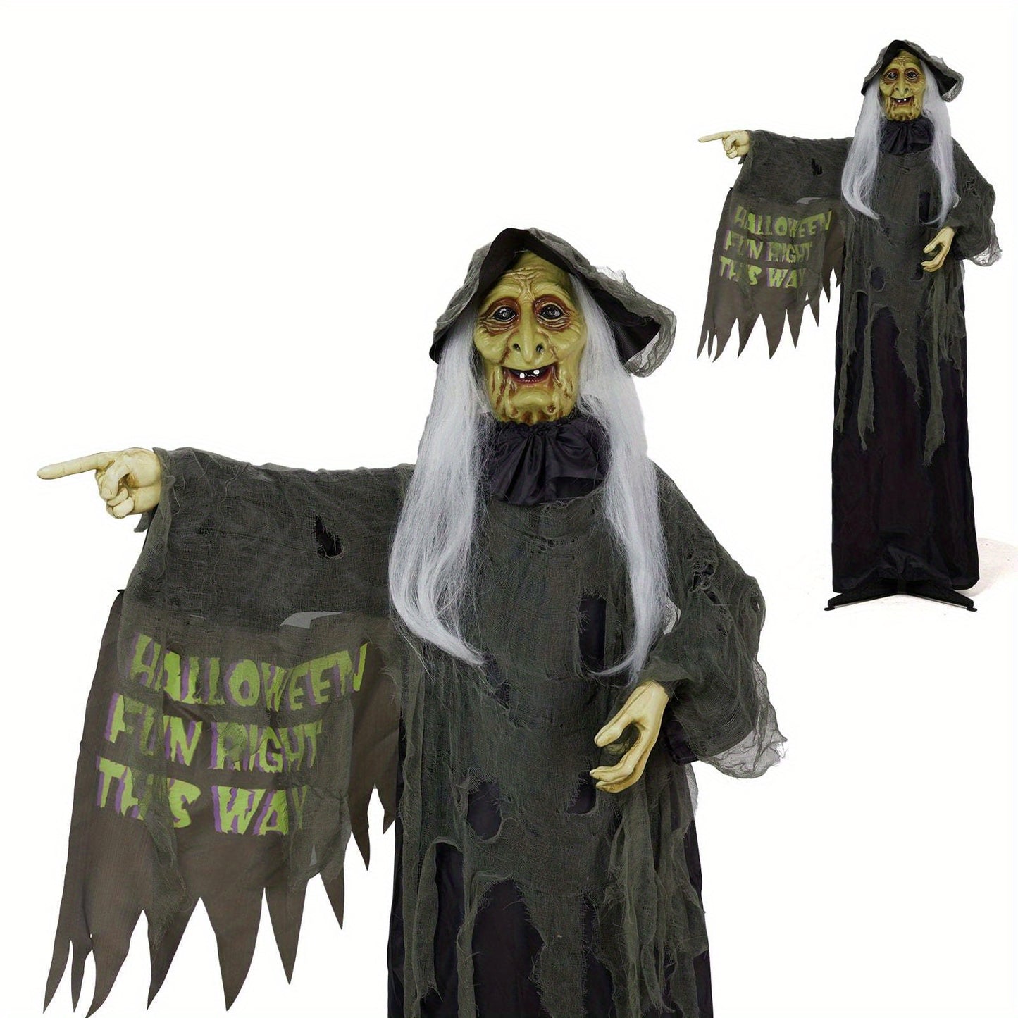 Animatronic Halloween Witch Standing Outdoor Halloween Decoration w/ Red Eyes, Scary Sounds 6FT