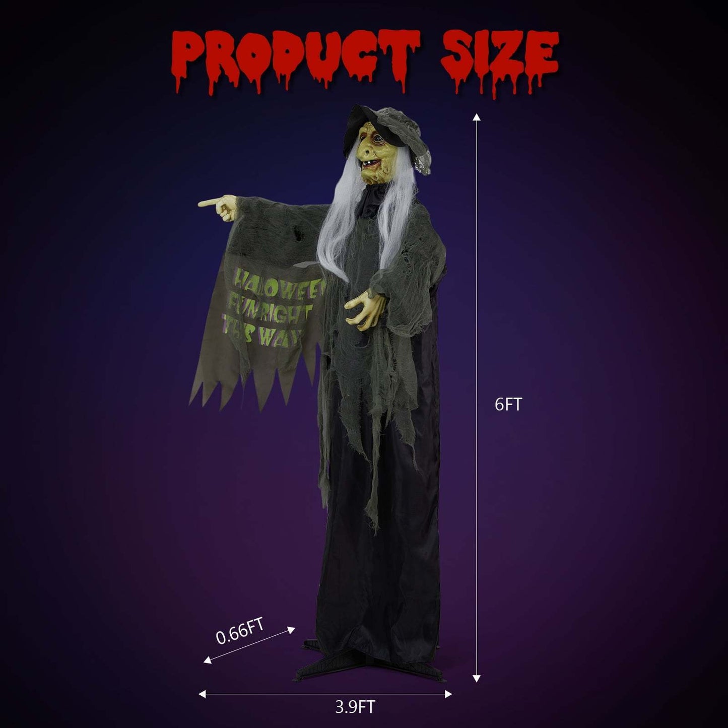 Animatronic Halloween Witch Standing Outdoor Halloween Decoration w/ Red Eyes, Scary Sounds 6FT