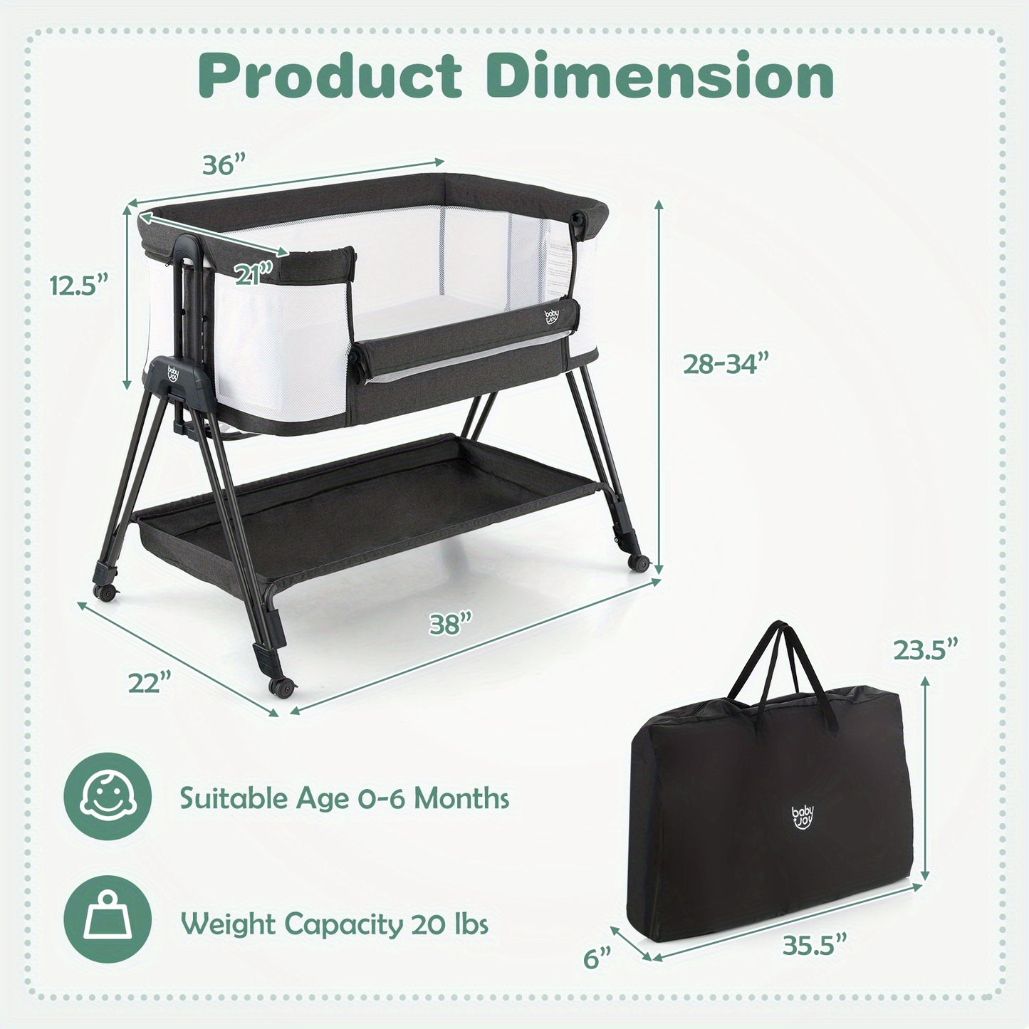 Lifezeal Baby Bassinet Bedside Sleeper, Folding Beside Crib with Comfy Mattress & Storage Tray, 7-Level Adjustable Height Co Sleeper, Portable Infant Bed with Travel Bag, Adjustable & Movable Crib for Newborn