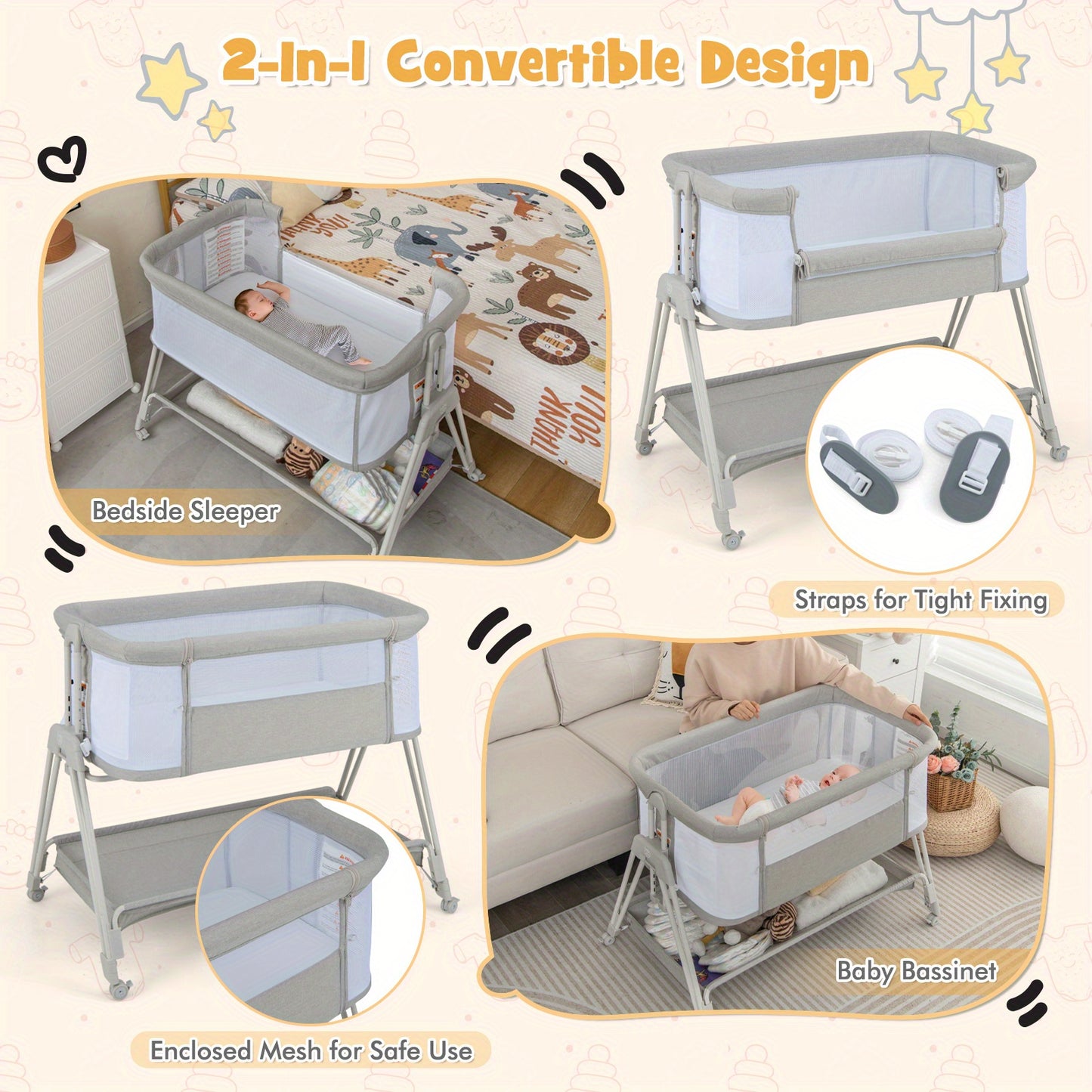 Lifezeal Baby Bassinet Bedside Sleeper, Folding Beside Crib with Comfy Mattress & Storage Tray, 7-Level Adjustable Height Co Sleeper, Portable Infant Bed with Travel Bag, Adjustable & Movable Crib for Newborn