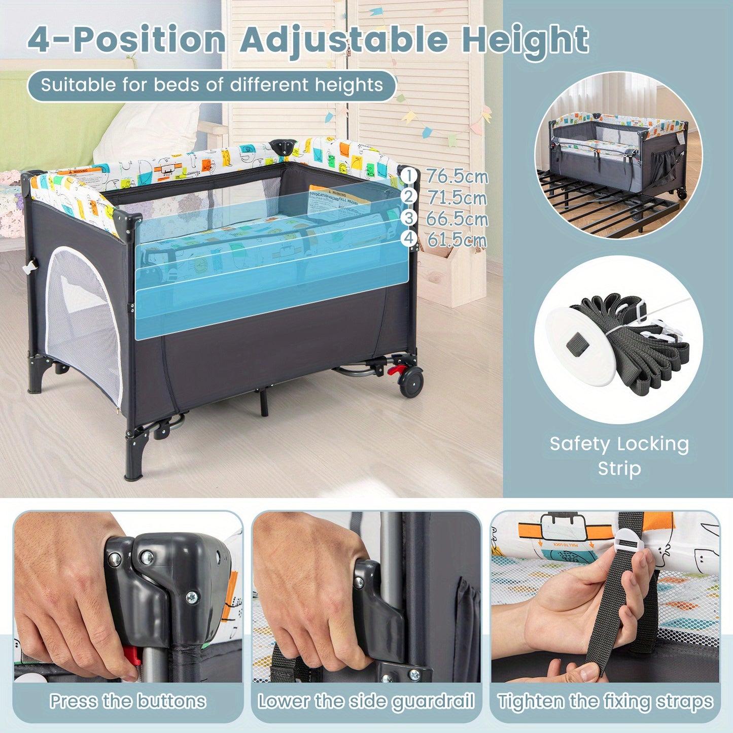 Lifezeal Baby Nursery Center, 5-in-1 Infants Bedside Sleeper with Adjustable Height, Changing Table, Storage Rack, Hanging Toys, Carrying Bag & Lockable Wheels, Portable Foldable Pack and Play