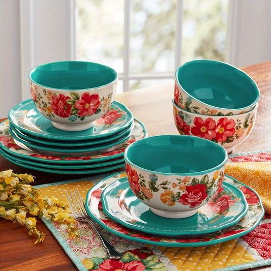 Vintage Floral 12-Piece Dinnerware Set, TealVibrant floral designs on a mix of teal & linen background colors