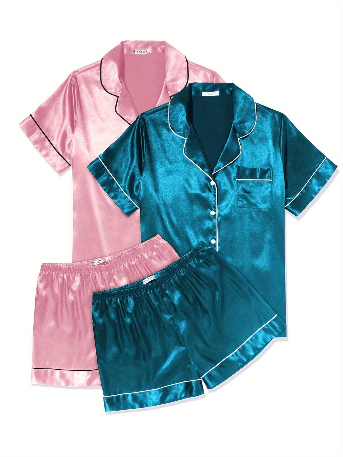 2 Pack Womens Pajama Sets Silk Satin Short Sleeve Button Down Sleepwear Top and Shorts Pjs Lounge Set   women summer outfits  lounge shorts women  sweatshorts set   women matching sets outfits