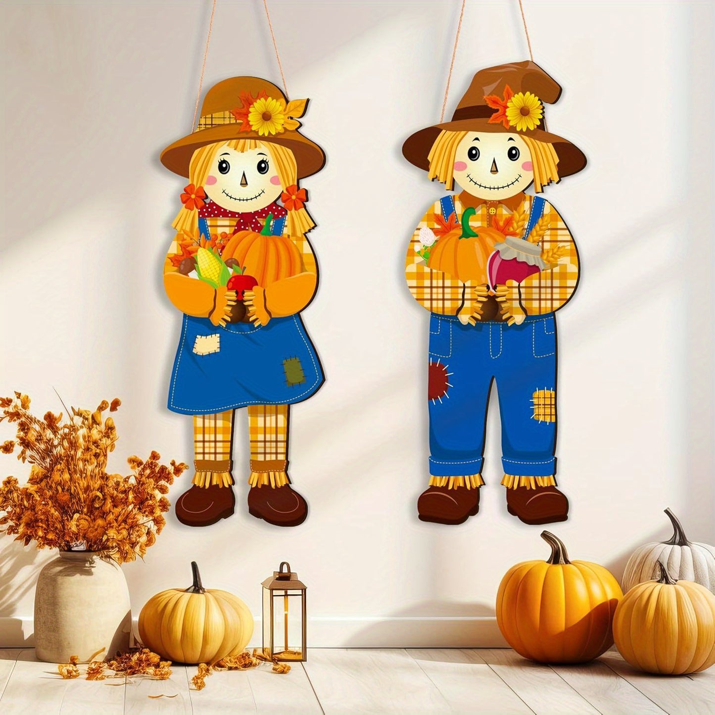 Autumn Thanksgiving Scarecrow Door Hanger Decorations - Contemporary Hanging Fall Seasonal Wall Art with Pumpkins and Leaves, No Feathers, Non-Electric, Festive Harvest Home Decor