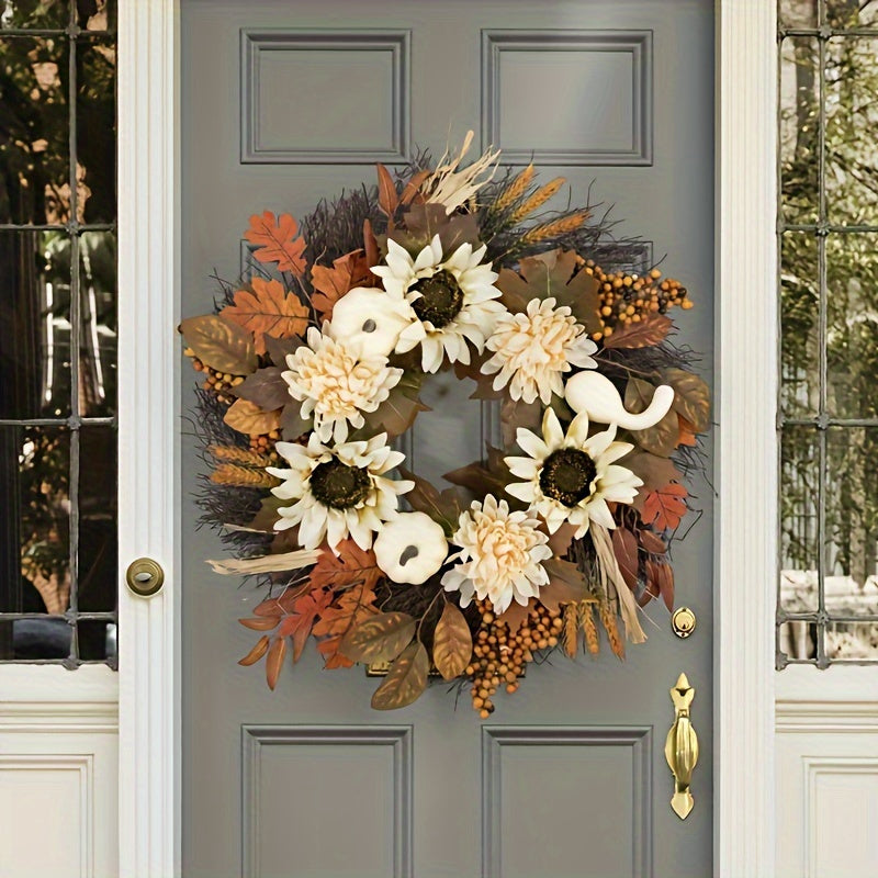 Charming Autumn Sunflower & Pumpkin Wreath - Rustic Farmhouse Style, Perfect for Thanksgiving Front Door Decor