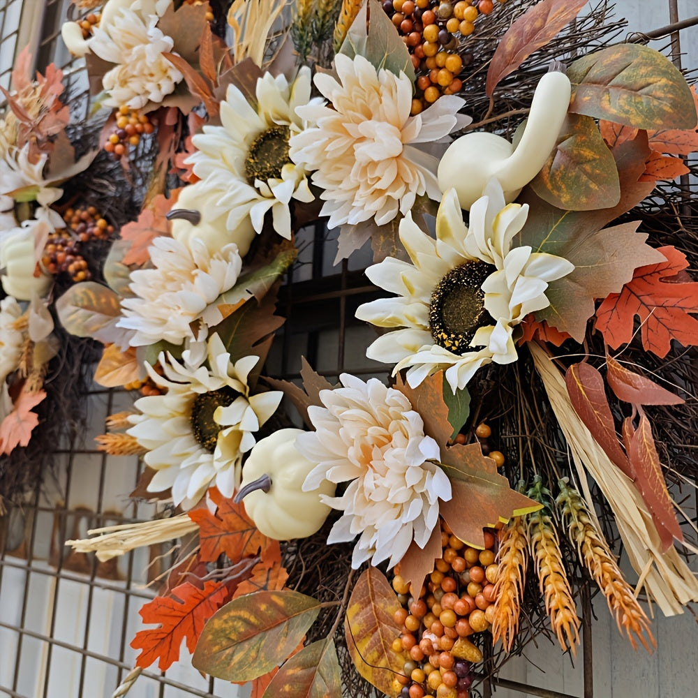 Charming Autumn Sunflower & Pumpkin Wreath - Rustic Farmhouse Style, Perfect for Thanksgiving Front Door Decor