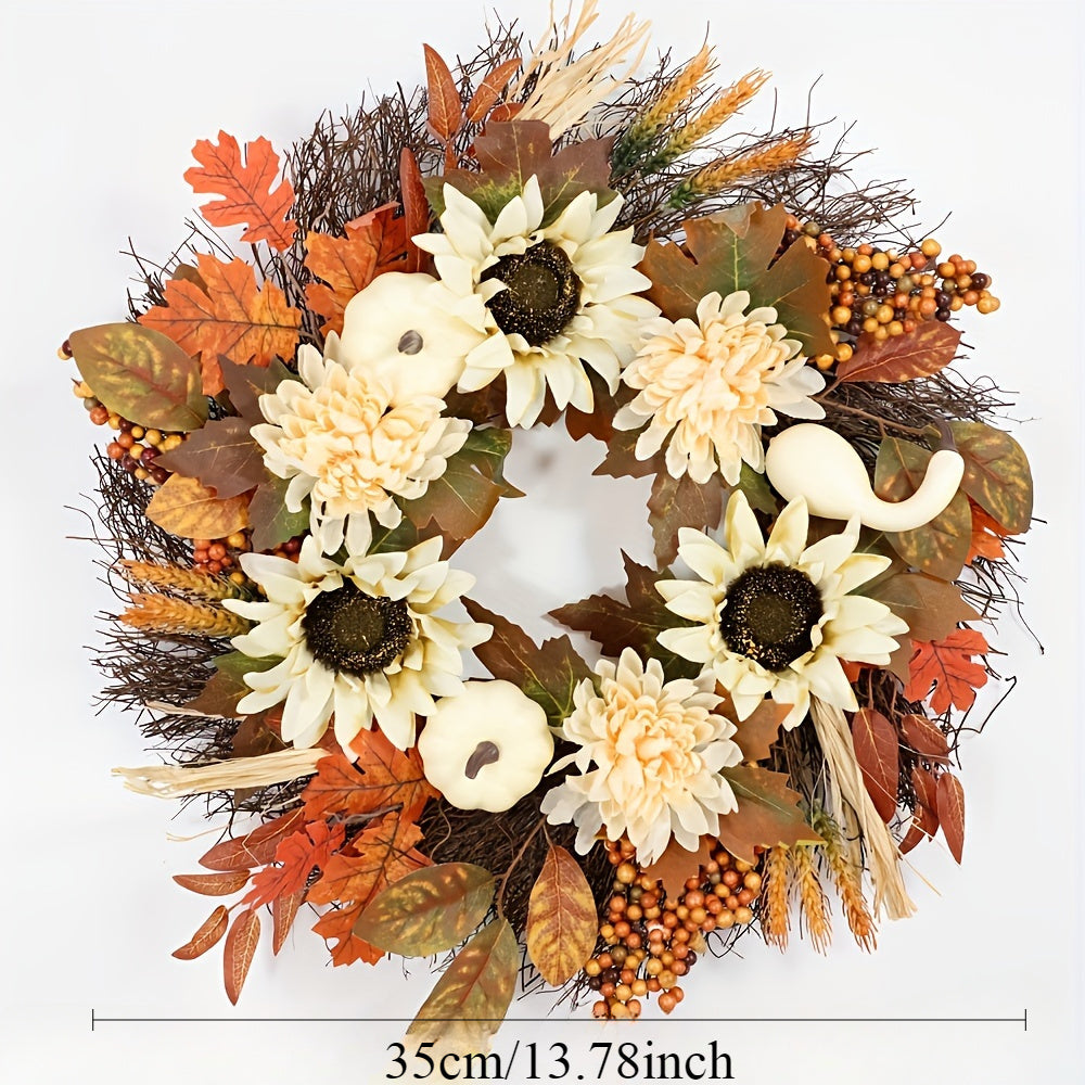 Charming Autumn Sunflower & Pumpkin Wreath - Rustic Farmhouse Style, Perfect for Thanksgiving Front Door Decor