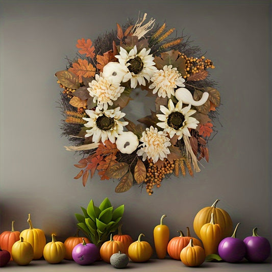 Charming Autumn Sunflower & Pumpkin Wreath - Rustic Farmhouse Style, Perfect for Thanksgiving Front Door Decor