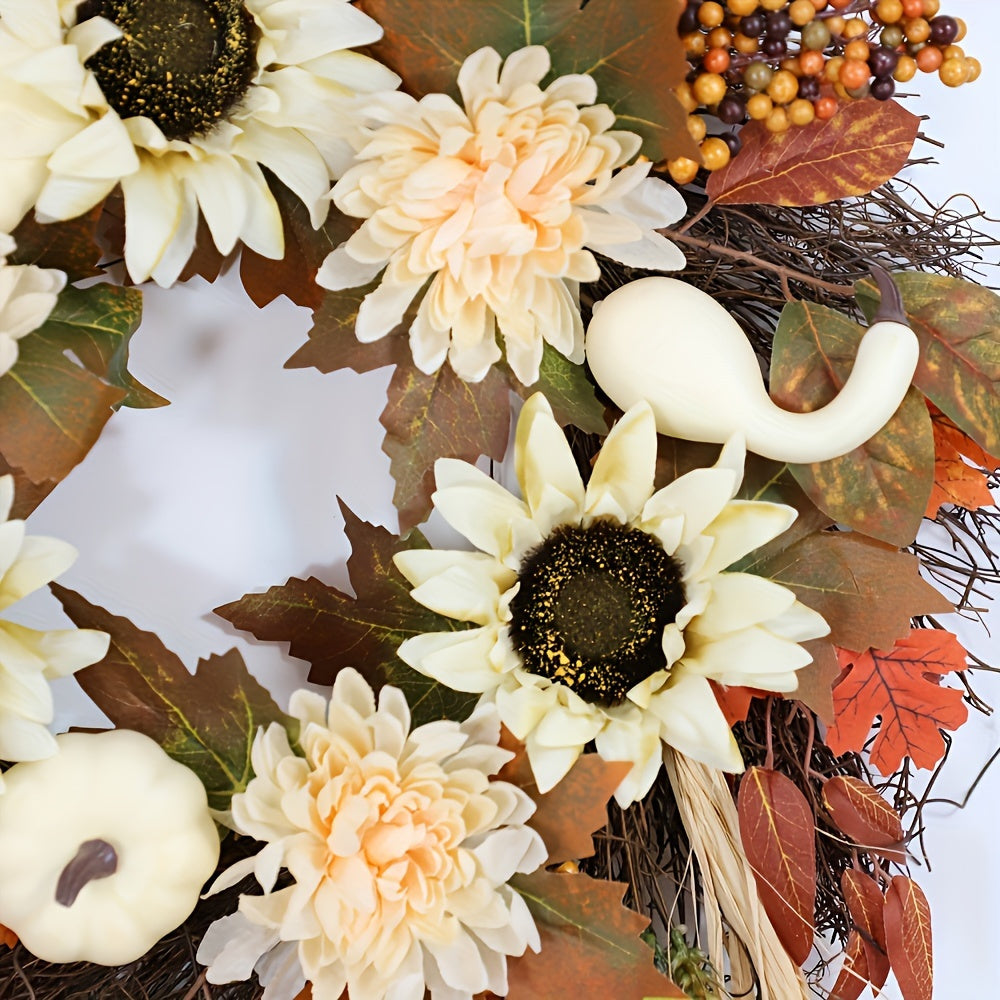 Charming Autumn Sunflower & Pumpkin Wreath - Rustic Farmhouse Style, Perfect for Thanksgiving Front Door Decor