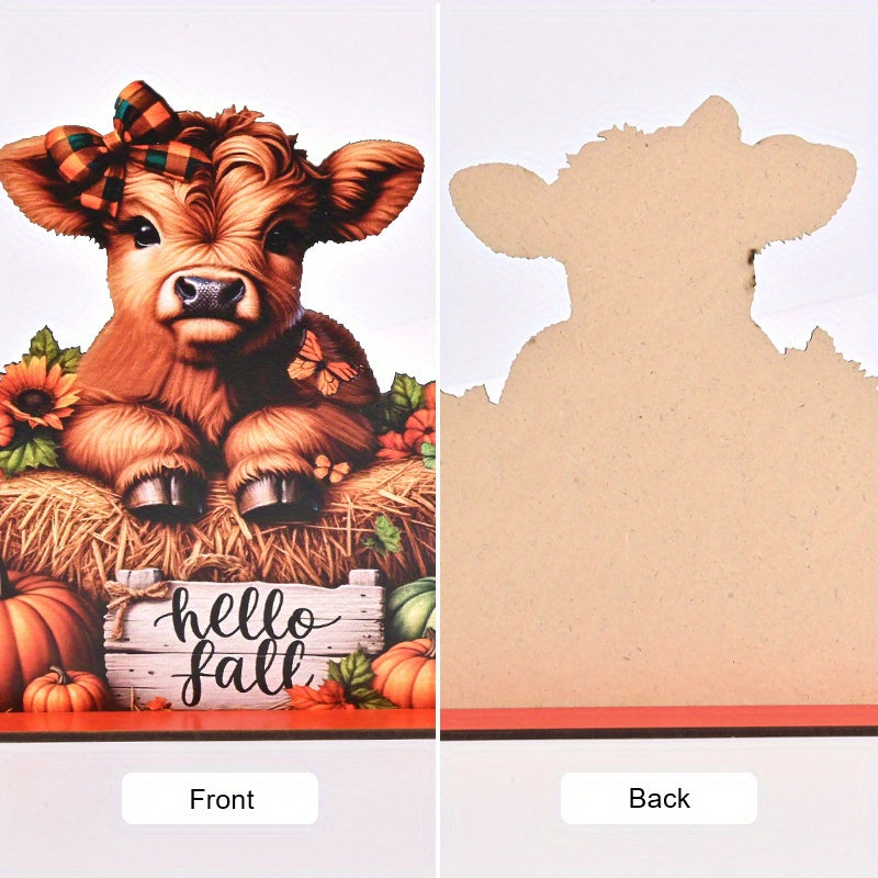 Hello Fall" Autumn & Thanksgiving Wooden Decor Sign - Pumpkin, Sunflower, Cow with Curly Bow Tie Design | Perfect for Home, Living Room, Outdoor Garden Party | No Power Needed