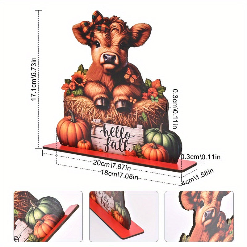 Hello Fall" Autumn & Thanksgiving Wooden Decor Sign - Pumpkin, Sunflower, Cow with Curly Bow Tie Design | Perfect for Home, Living Room, Outdoor Garden Party | No Power Needed