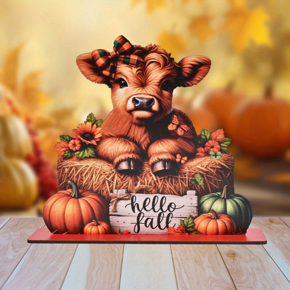 Hello Fall" Autumn & Thanksgiving Wooden Decor Sign - Pumpkin, Sunflower, Cow with Curly Bow Tie Design | Perfect for Home, Living Room, Outdoor Garden Party | No Power Needed