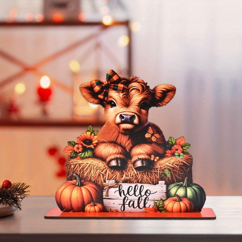 Hello Fall" Autumn & Thanksgiving Wooden Decor Sign - Pumpkin, Sunflower, Cow with Curly Bow Tie Design | Perfect for Home, Living Room, Outdoor Garden Party | No Power Needed