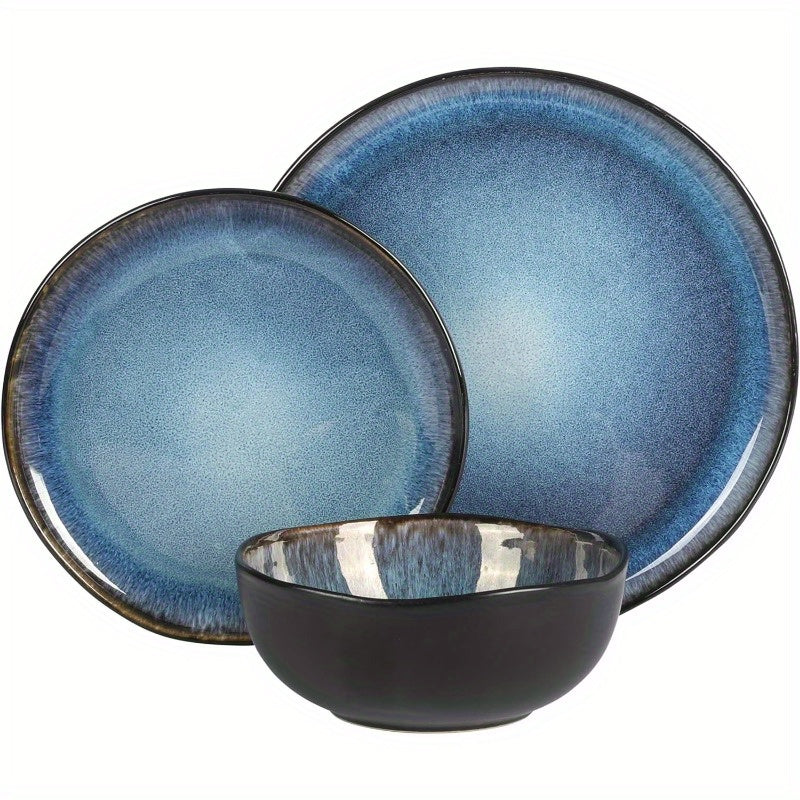 12 Piece (Service for 4) Plates and Bowls Reactive Glaze Dishes Stoneware Ceramic Dinnerware Set - Black and Blue