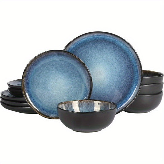 12 Piece (Service for 4) Plates and Bowls Reactive Glaze Dishes Stoneware Ceramic Dinnerware Set - Black and Blue