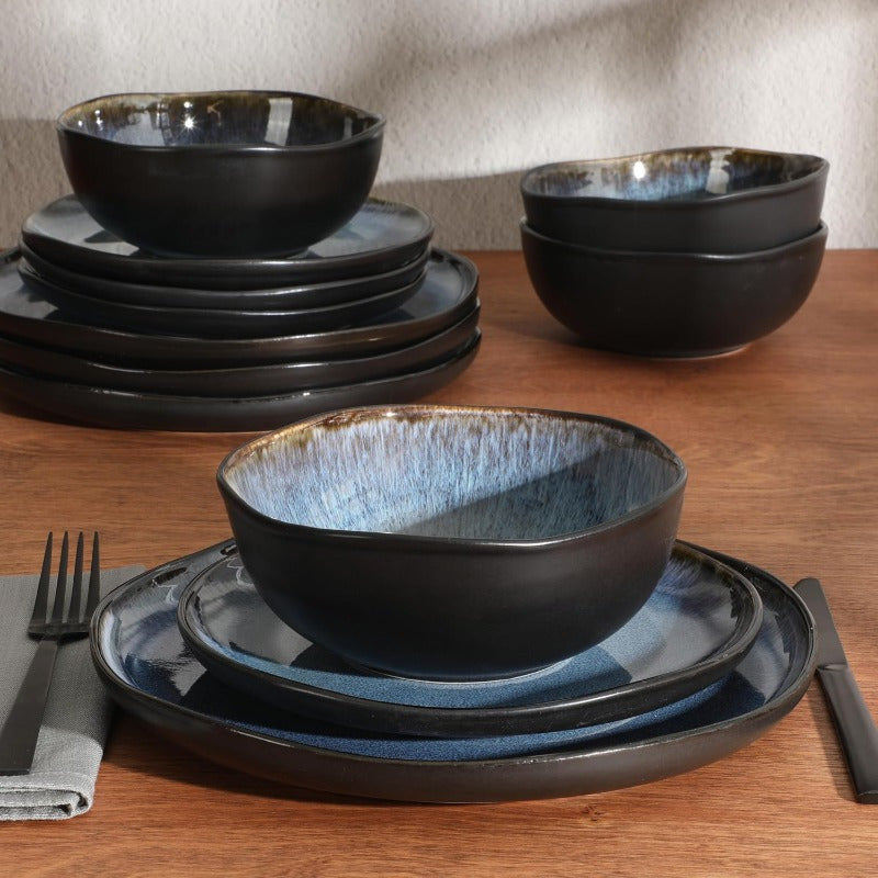 12 Piece (Service for 4) Plates and Bowls Reactive Glaze Dishes Stoneware Ceramic Dinnerware Set - Black and Blue