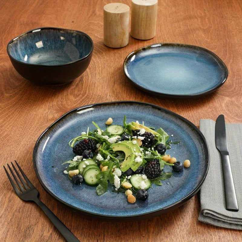 12 Piece (Service for 4) Plates and Bowls Reactive Glaze Dishes Stoneware Ceramic Dinnerware Set - Black and Blue