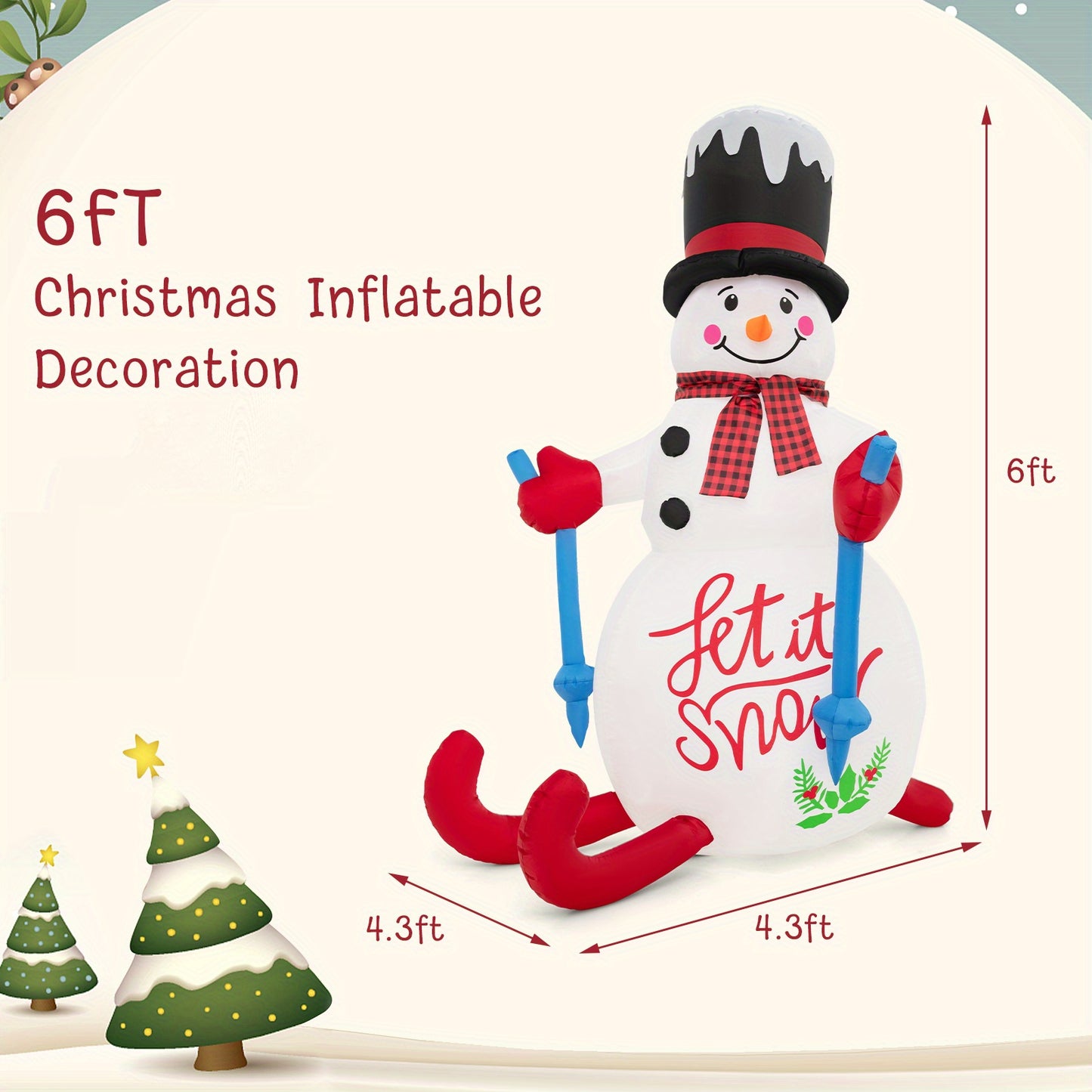 Maxmass 6FT Christmas Inflatable Skiing Snowman, Christmas Decoration with LED Lights, Hat Scarf, Self Inflating Holiday Decor with Built-in Sandbag, Indoor Outdoor Blow up Decoration for Yard, Party, Lawn