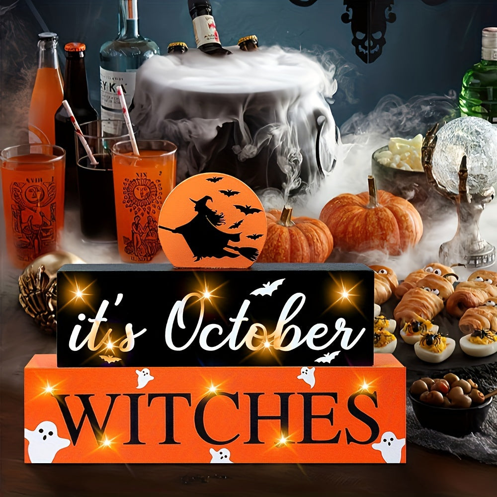 LED-Lit Halloween Wooden Sign - 'It's October Witches' Glowing Centerpiece, Battery-Powered Tabletop Decor for Home