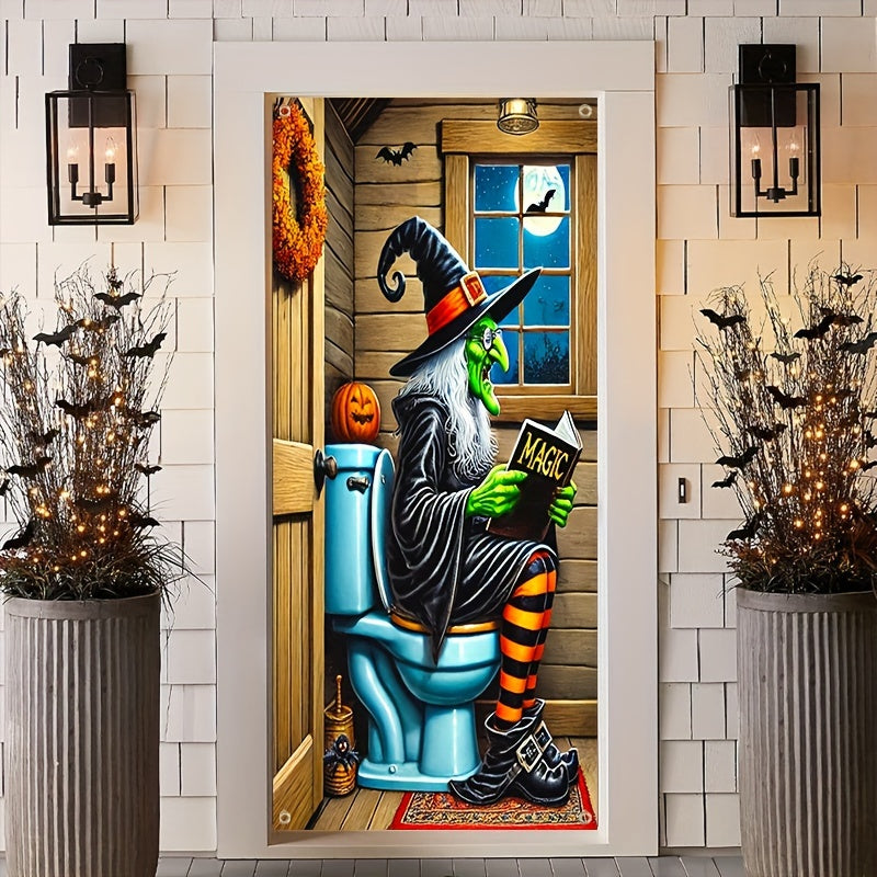 Scary Green Witch Reading Toilet Halloween Door Cover - Durable Polyester, Indoor/Outdoor Party Decor, 35.43 x 70.86 Inch, Perfect for Entrance & Garden