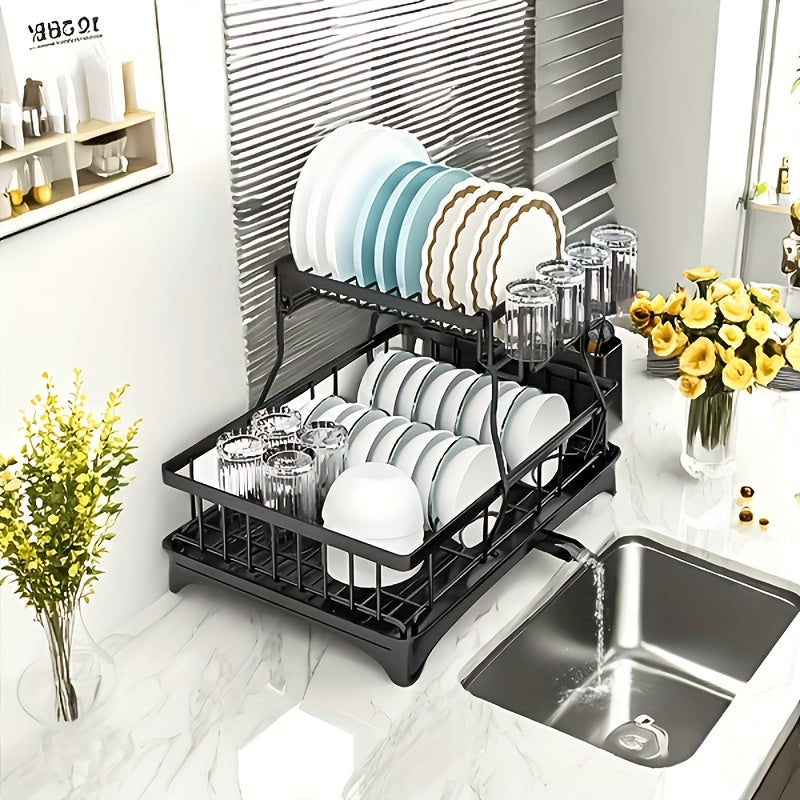 1 dish rack, double space saving dish drying rack with drain board and cutlery holder, multifunctional large capacity dish storage organization for kitchen counters, kitchen organization and storage, kitchen accessories