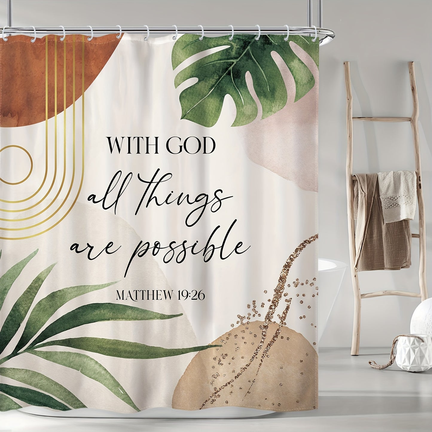 1pc Boho Bible Verse Shower Curtain, Inspirational Scriptures Quotes Abstract Tropical Green Palm Leaf Mid Century Christian Shower Curtain, Bathroom Bath Accessories, Home Decor Fabric 12 Pack Hooks, 60Wx72L Inches