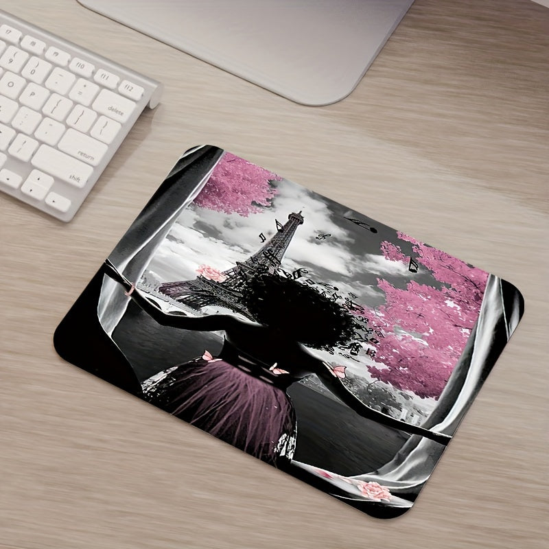 Curtain Paris Themed Mouse Pad with Girl in Pink, Anti-Slip Rubber Oblong Desk Mat, High-Definition Office Computer Accessory with Stitched Edges, 7.87x9.44" Portable Gaming Mousepad - Ideal Gift for Boyfriend/Girlfriend