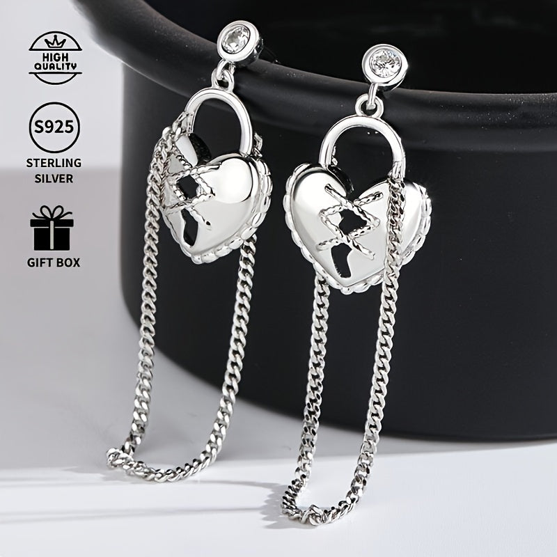 Fashionable Love Lock Tassel Earrings - S925 Sterling Silver Dangle Chain Studs with Synthetic Zirconia, Silver Plated, Anniversary Birthday Gift for Girls - High Quality Ear Needle