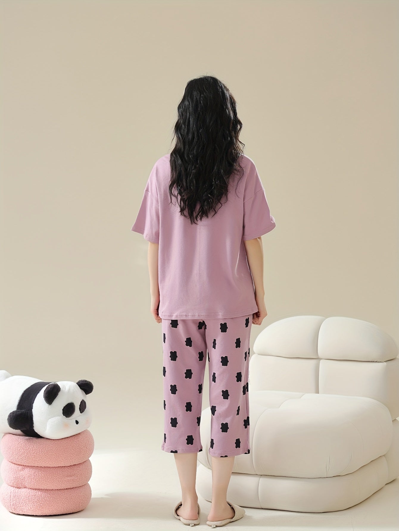 Women's Cute Panda & Polka Dot Print Loose Fit Pajama Set, Drop Shoulder Short Sleeve Round Neck Padded Top & Capri Pants, Comfortable Relaxed Fit