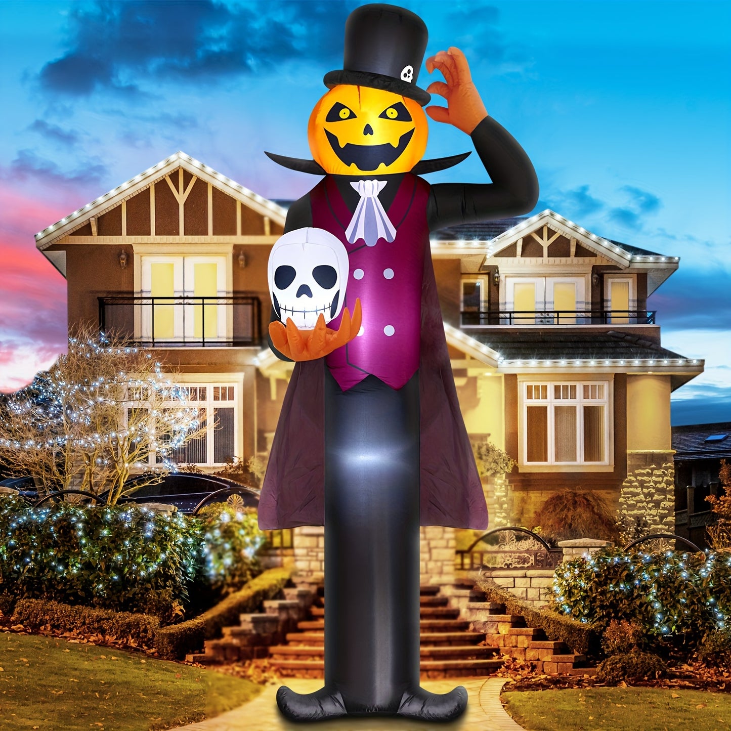 12FT/3.6m Giant Halloween Inflatables Decorations Pumpkin Ghost Holding Skull Built-in LEDs Blow Ups Yard Decoration Outdoor Large Huge Pumpkin Spooky Inflatable For Holiday Party Lawn Garden Indoor