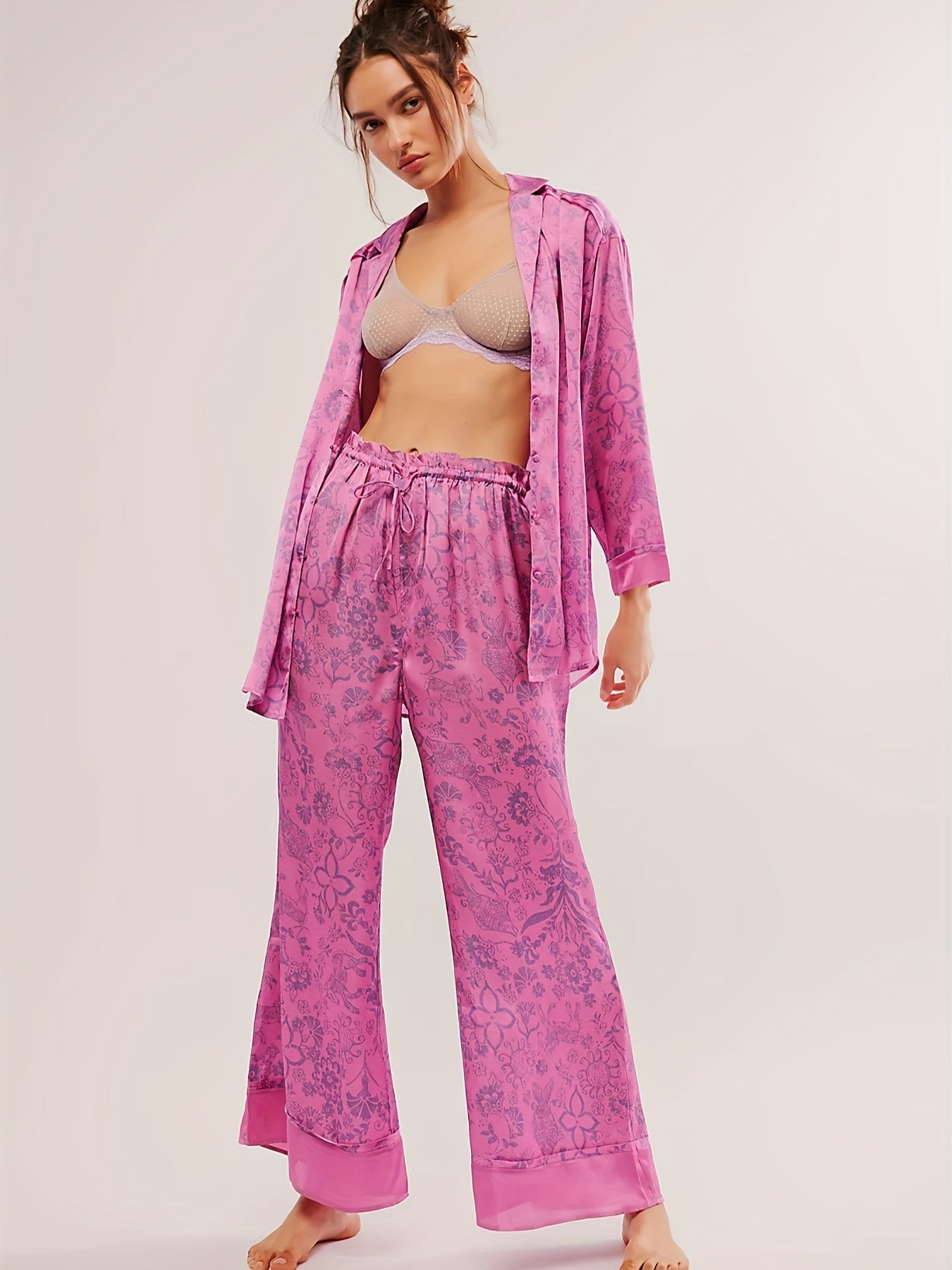 Womens Y2k Silk Pajama Sets Floral Print Long Sleeve Button Down Shirts Wide Leg Pants 2 Piece Lounge Sets