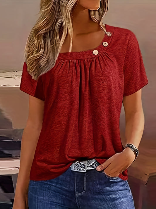 Summer Women O-Neck Three Button Short Sleeve Pleated Loose T-shirt Tops Oversized S-5XL  ZC-394