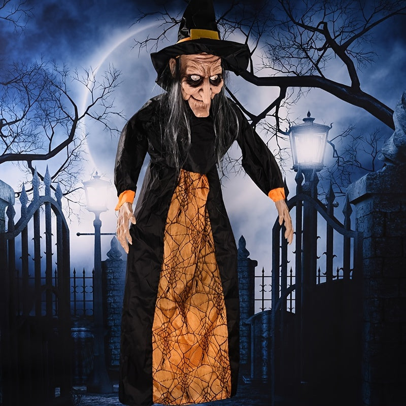 1pc Halloween Hanging Witch Prop, 70.86 Inches Tall, Sound-Activated, Light-Up & Voice Features, Fabric And Latex Construction, Haunted House And Horror Theme Decor For Bars And Party Settings