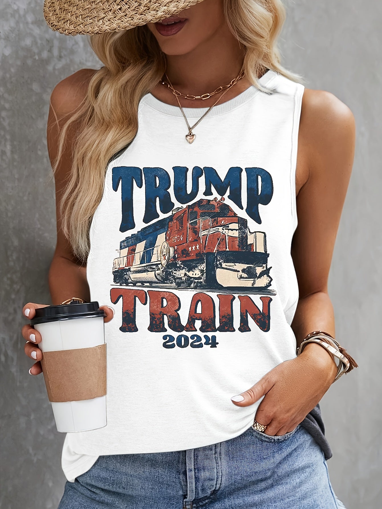 Trump Train Print Tank Top Sleeveless Casual Top For Summer & Spring Women's Clothing