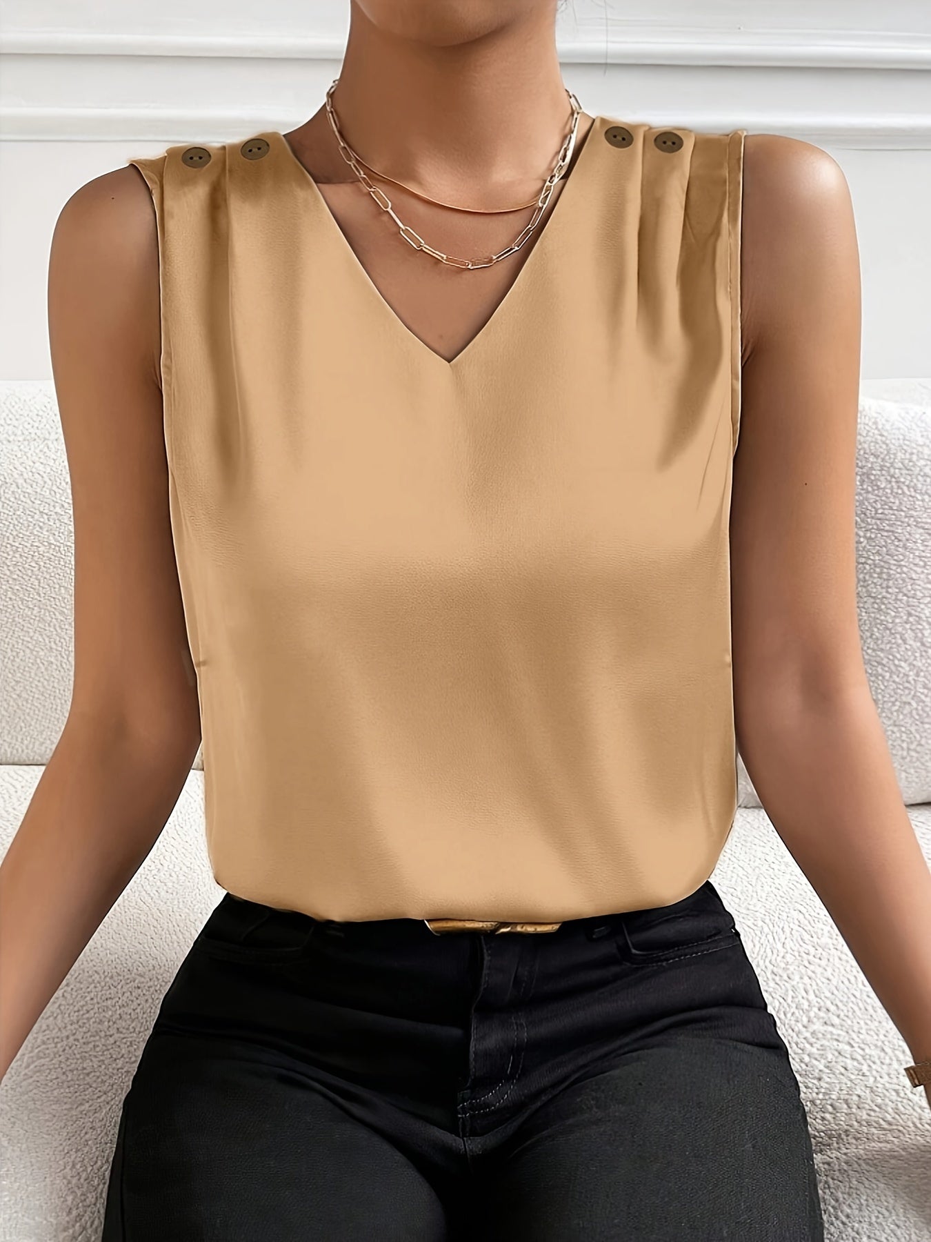 Coffee Tops For Women Summer V Neck Casual Soild Color Satin Sleeveless Basic Vest Shirt Fashionable Simple Apparel Shirts