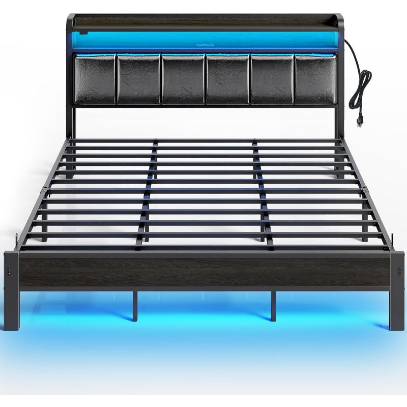 Queen Bed Frame with LED Lights Upholstered Headboard Charging Station Storage Shelves Heavy Duty Metal Slats No Box Spring