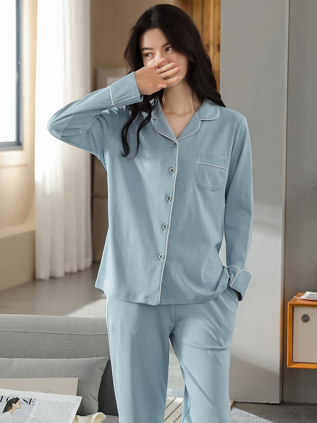 Women's Solid Contrast Binding Casual Pajama Set, Long Sleeve Buttons Lapel Top & Pants, Comfortable Relaxed Fit For Fall