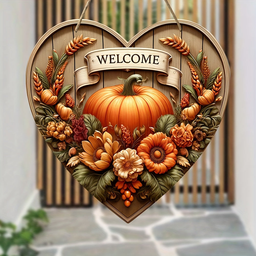 Charming Pumpkin Welcome Sign - 7.9"x7.9" Heart-Shaped Wooden Autumn Harvest Decor for Home, Cafe, Bar, Porch & Farm - Perfect for Fall & Holiday Wall Art