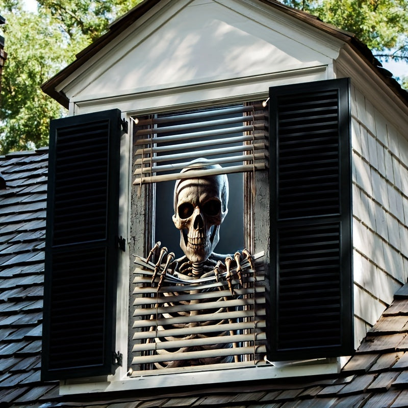 HEGO Spooky Skeleton Window Banner - Halloween Scary Decor, Durable Polyester, Perfect for Indoor/Outdoor Creepy Haunted House Theme, 31.49 x 4.72 inches