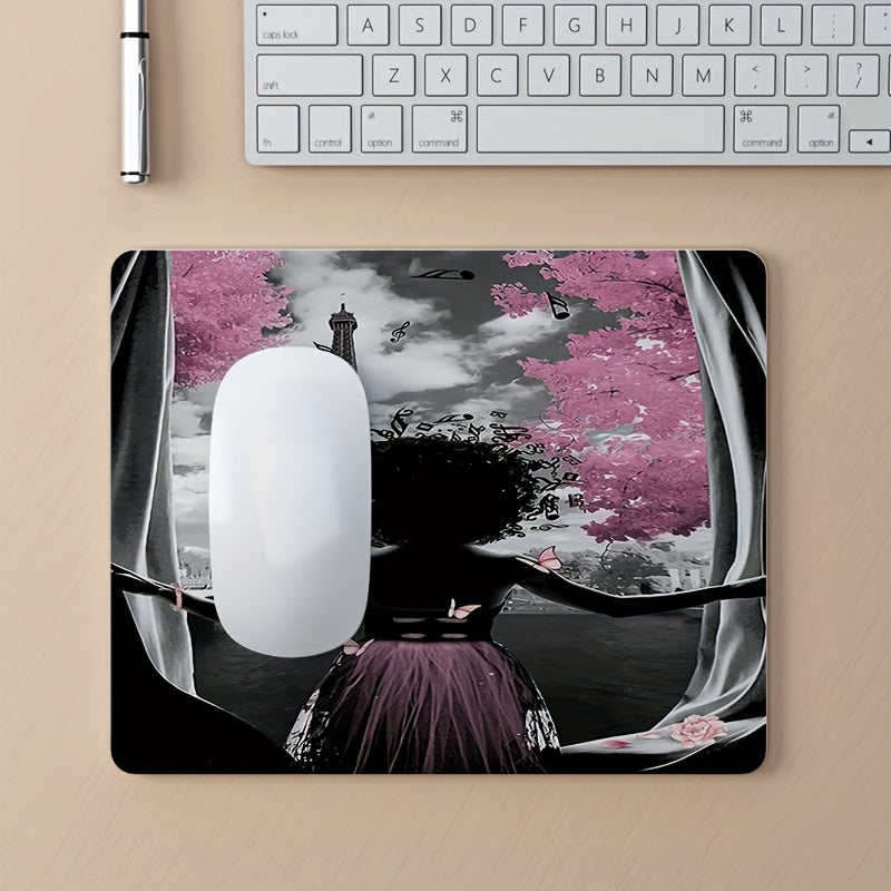 Curtain Paris Themed Mouse Pad with Girl in Pink, Anti-Slip Rubber Oblong Desk Mat, High-Definition Office Computer Accessory with Stitched Edges, 7.87x9.44" Portable Gaming Mousepad - Ideal Gift for Boyfriend/Girlfriend