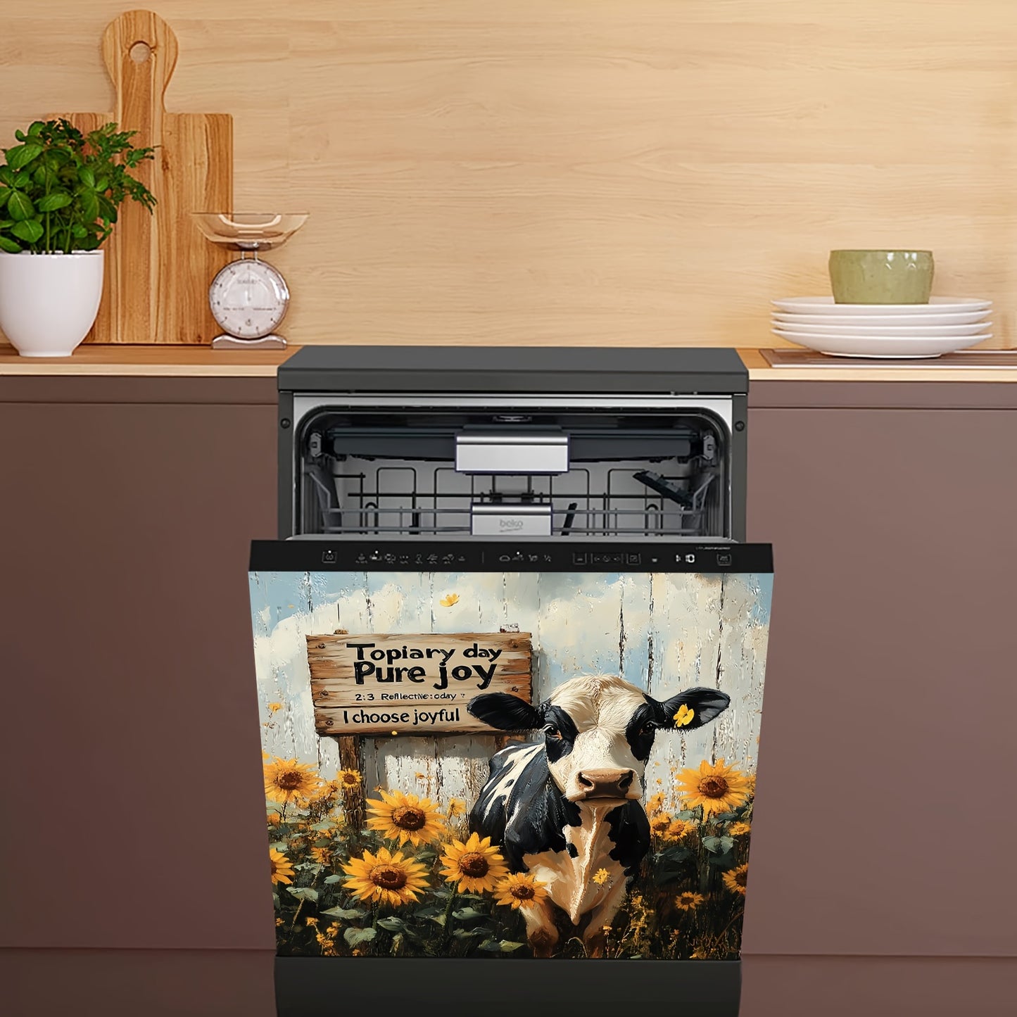 Charming Cow & Sunflower Magnetic Cover for Dishwasher and Refrigerator - Easy Clean, No Glue Needed - Perfect Kitchen Decor, 23x26 Inches