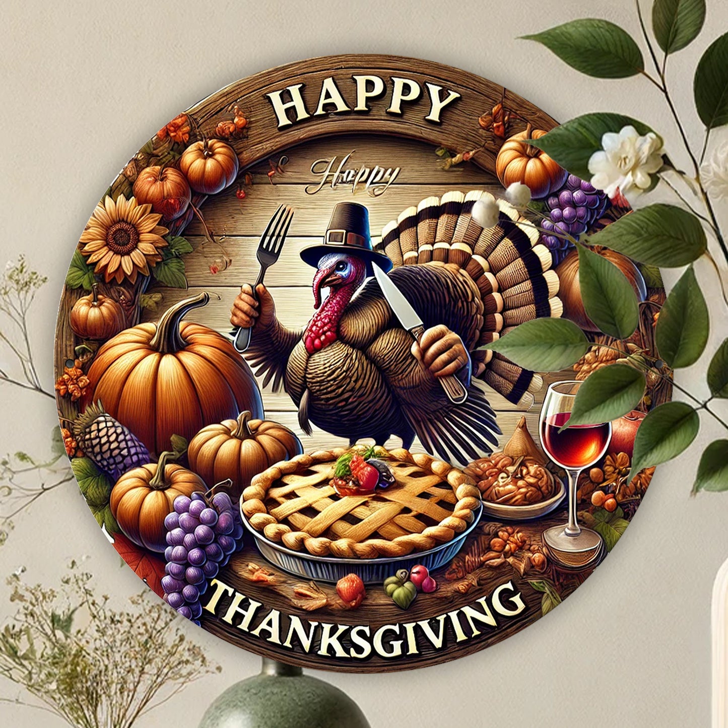 Happy Thanksgiving 2D Metal Sign: Festive Fire Turkey And Pumpkin Autumn Decoration - Suitable for Home, Kitchen, Garden, Patio - Versatile Indoor/Outdoor Art for Windows, Porches, Walls