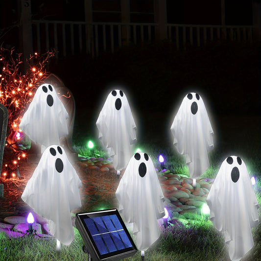 Festive Solar-Powered Ghost Stakes: 3/6 Set, Outdoor Halloween Decor, 8 Modes, Portable, Button Control, Plastic Material, Suitable for Lawn & Garden