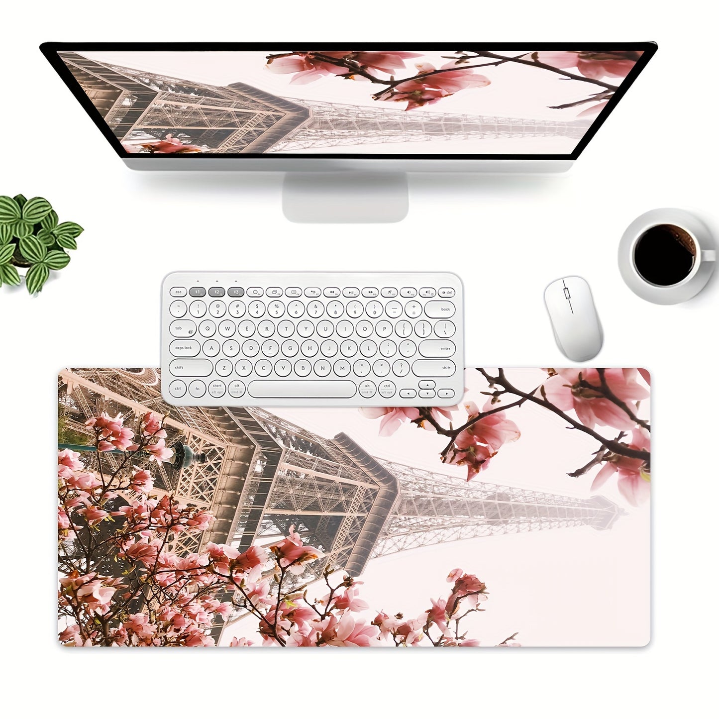 Eiffel Tower and Cherry Blossoms Design Large Desk Mat - Washable Rubber Mouse Pad, Durable Non-Slip Office and Home Keyboard Pad with No Battery Required